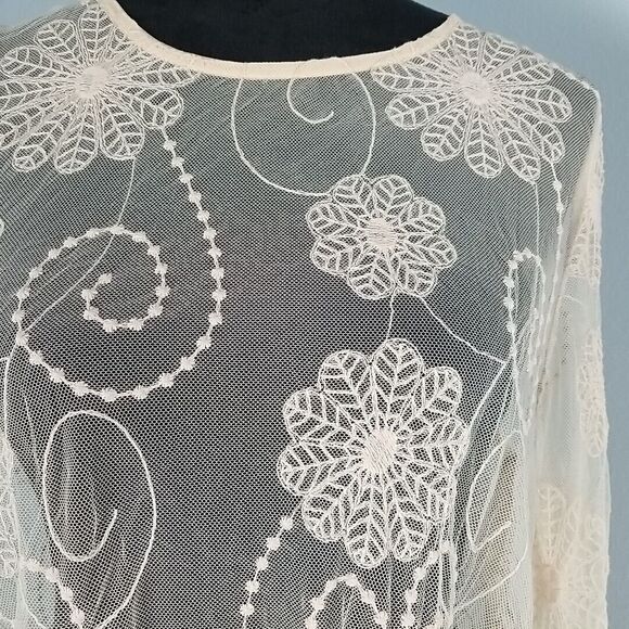 Love Stitch Sheer Boho Floral Lace Tunic Top Large Back zip Split Bell Sleeve - Picture 2 of 13